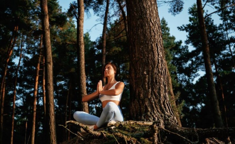 숲속에서 명상을 하며 자신의 내면 에너지를 다스리고 평온을 찾는 사람의 모습