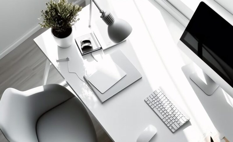 월급쟁이 사주 팔자를 사업가 사주로 완벽하게 개운하여 성공하는 실전 환경 조성 비법 1 사업가의 기운이 느껴지는 깔끔하고 현대적인 사무실 책상 풍경